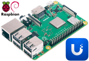 Raspberry Pi 3B+ Computer with the Raspbian and UniFi Network logos
